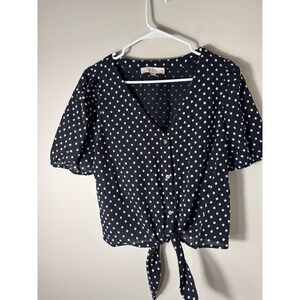 LOFT Women's Black White Dot Print Tie Front Button Up Shirt Size Medium